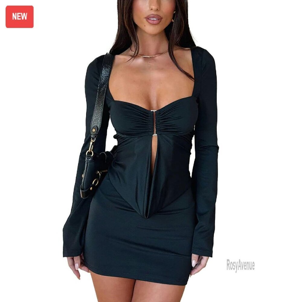 Long Sleeve Bodycon Mini Dress Square Neck Ruched Cutout Party